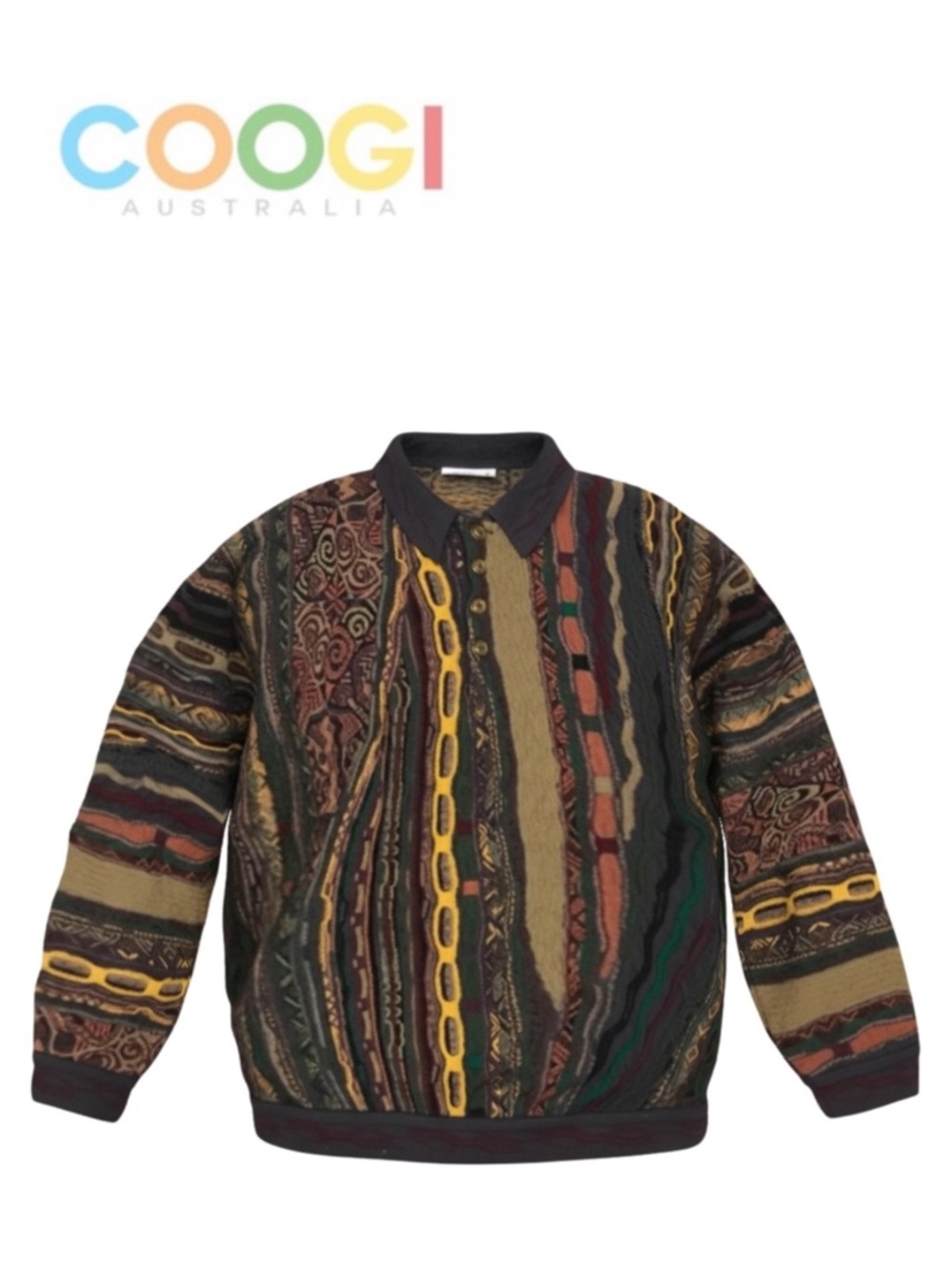 COOGI Australia DNA Abstract 3D Knit Multicolor Collared Sweater Biggie Cosby